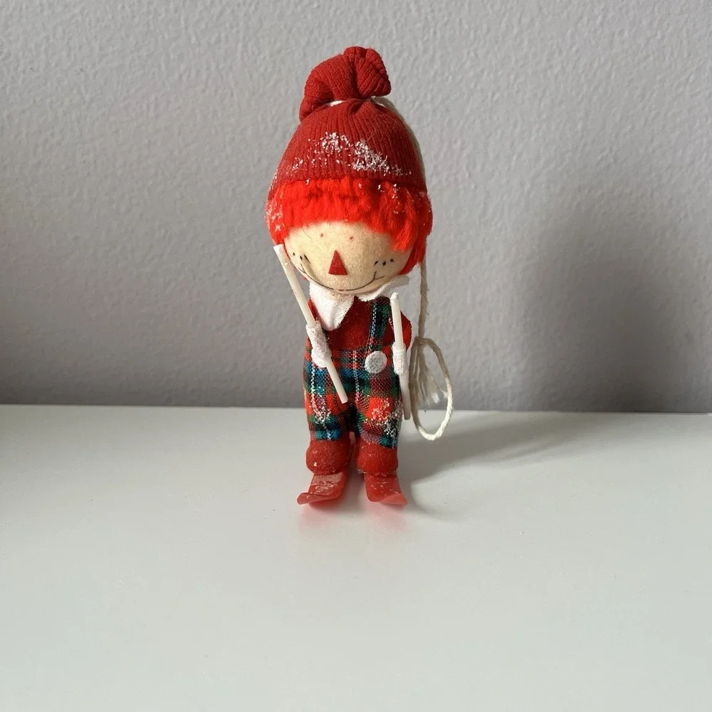 Vintage Christmas Elf Pixie Scarecrow W/ Hat On Skis Ornament Shelf Cottagecore